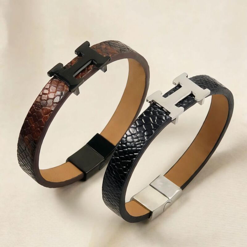 New Cross-Border European and American Fashion Stainless Steel H-Shaped Bracelet, Genuine Leather Bracelet, Simple and Versatile Leather Wristband