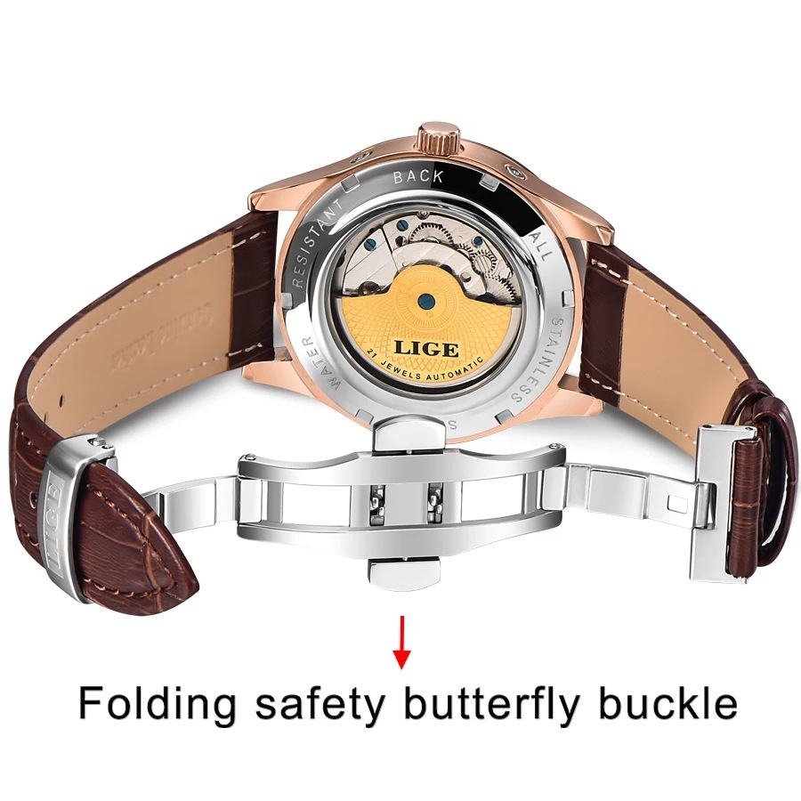 LIGE calendario semana nuevo movimiento mecánico automático hueco de negocios Sun Moon Star reloj de hombre 6826