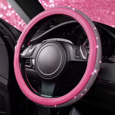 with Inner Ring and Rhinestones, Steering wheel cover - pink-leather-diamond-38cm
