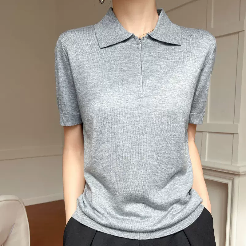 针织五分袖夏季POLO领轻薄透气精纺短袖简约半拉链女士套头T恤衫