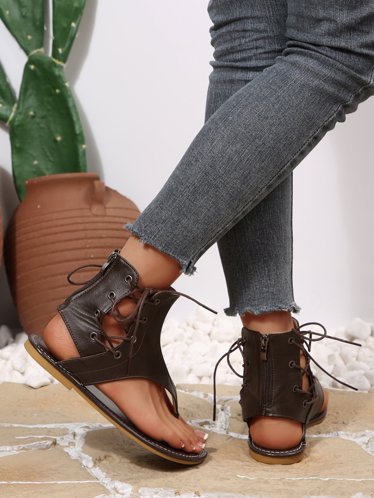 Women's Vintage Retro Flip Flops, Flat Sandals With Back Zipper_voghion.com