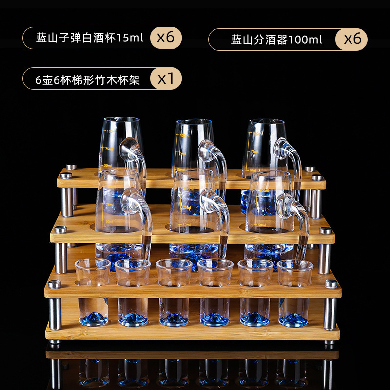 Fábrica directa de vinos de montaña azul conjunto de vidrio de cristal de lujo ligero casero tazas de vino con soporte de tazas de bambú