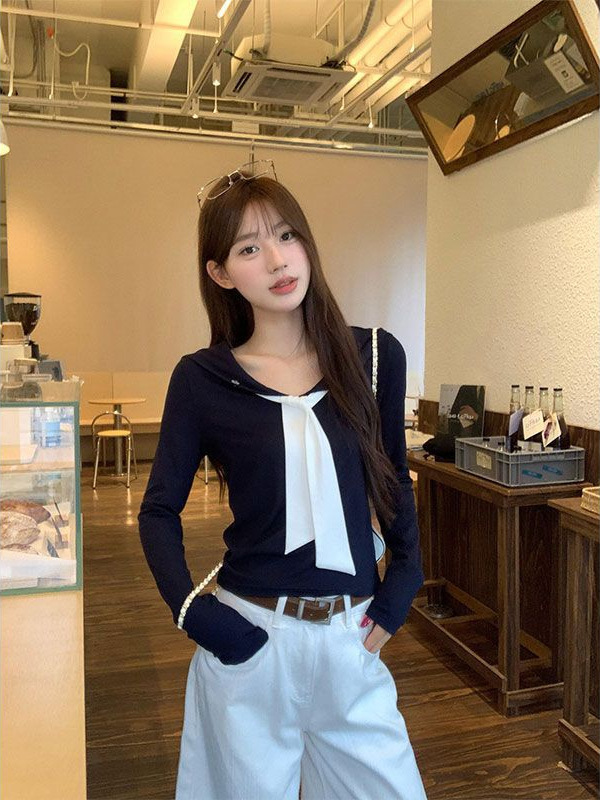 设计感娃娃领绑带长袖t恤女内搭短款修身早秋单穿韩系chic小上衣|undefined