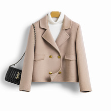 秋冬西装领短款100%羊毛双面呢大衣外套女毛呢修身双排扣新款时尚