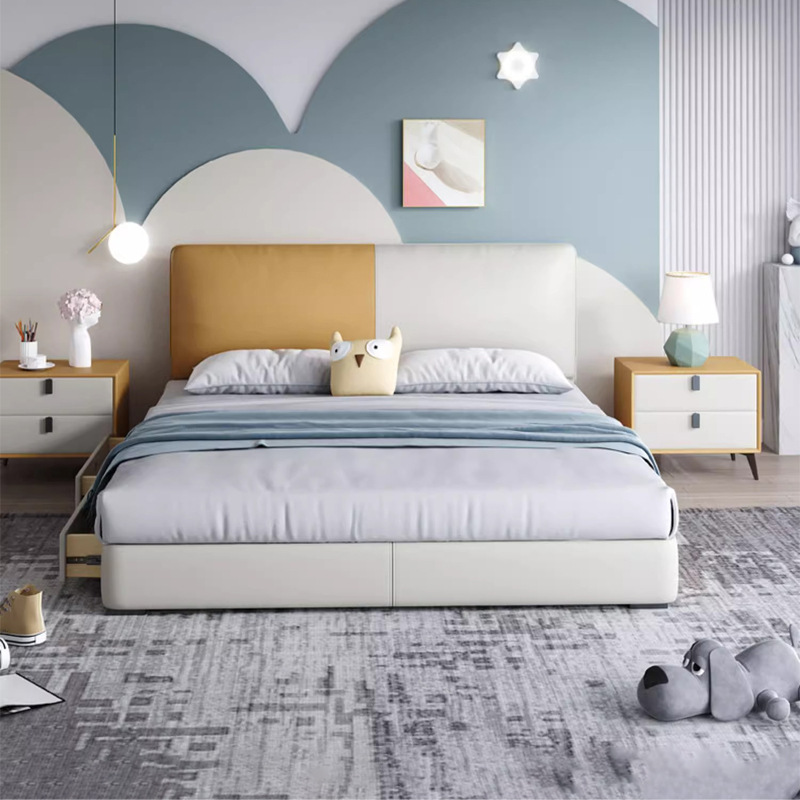 Camas infantiles modernas y simples para adolescentes, niños y niñas, dormitorio individual de 1.35 metros, cajón pequeño, almacenamiento de cama de cuero