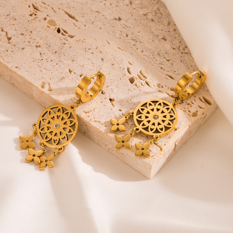 Fashion Dreamcatcher Eye Titanium Steel Gold Plated Shell Drop Earrings 1 Pair