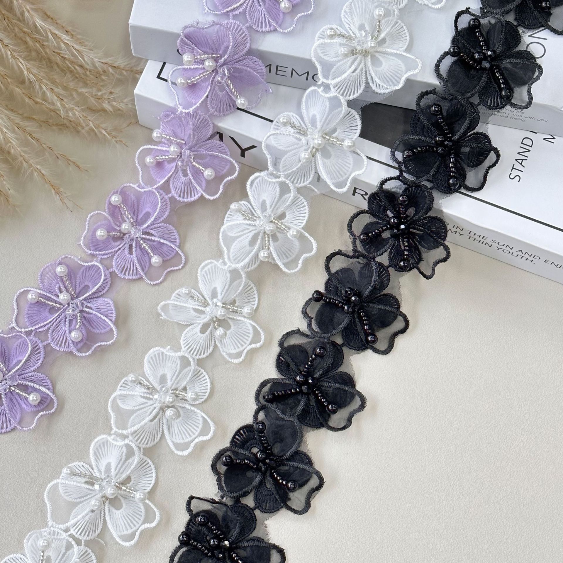 Accesorios de Ropa DIY de Doble Capa en Color Sólido, Encaje Lolita, Decoración Hecha a Mano con Cuentas de Cristal y Flores para Muñecas