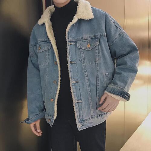 Winter Lamb Wool Denim Jacket Men's Korean Style Trendy Matchable Fleece Thick Cotton Padded Coat Men's Jacket Cool Overcoat