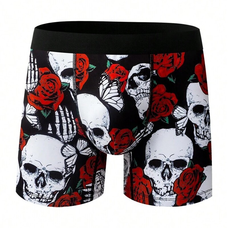 Fun Valentine's Day Skull Rose 3D Print Men's Daily Casual Slim-fit Moisture-wicking Long Flat Panties