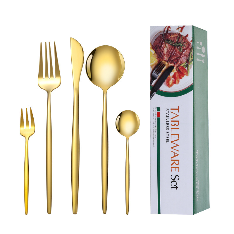 Cruz-Frontera de acero inoxidable vajilla portugués cuchillo y tenedor conjunto de 30 piezas de comida occidental cuchillo de filete de oro y cuchara de la caja de regalo