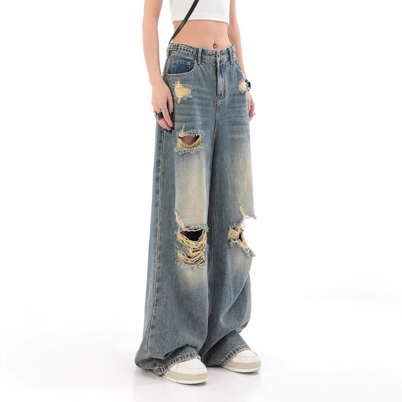 American Style High Street Black Ripped Jeans Women's Spring and Autumn New Ins Fashion Brand Straight Loose Wide Leg Pants American Style High Street Black Ripped Jeans Women's Spring and Autumn New Ins Fashion Brand Straight Loose Wide Leg Pants