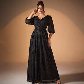 黑色晚礼服女气质显瘦亮片礼服年会宴会主持人优雅长裙演出服钢琴