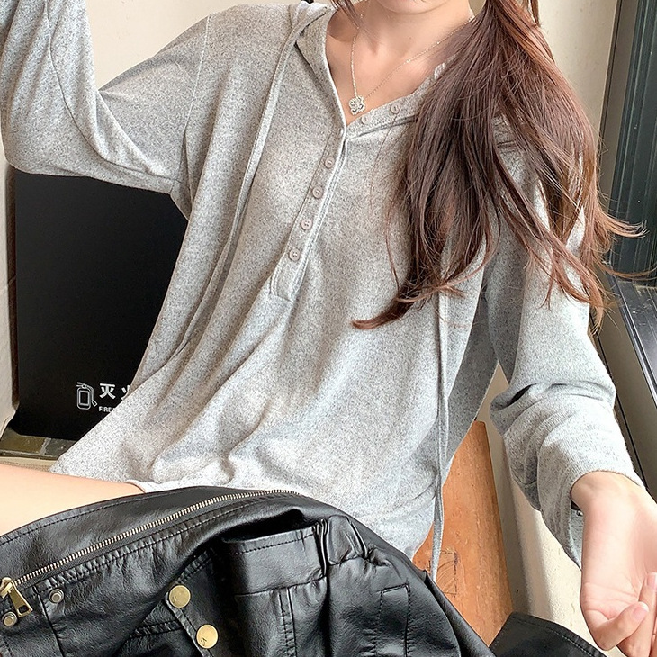 2025秋季慵懒风宽松百搭半开襟针织衫女早秋V领连帽外搭简约上|undefined