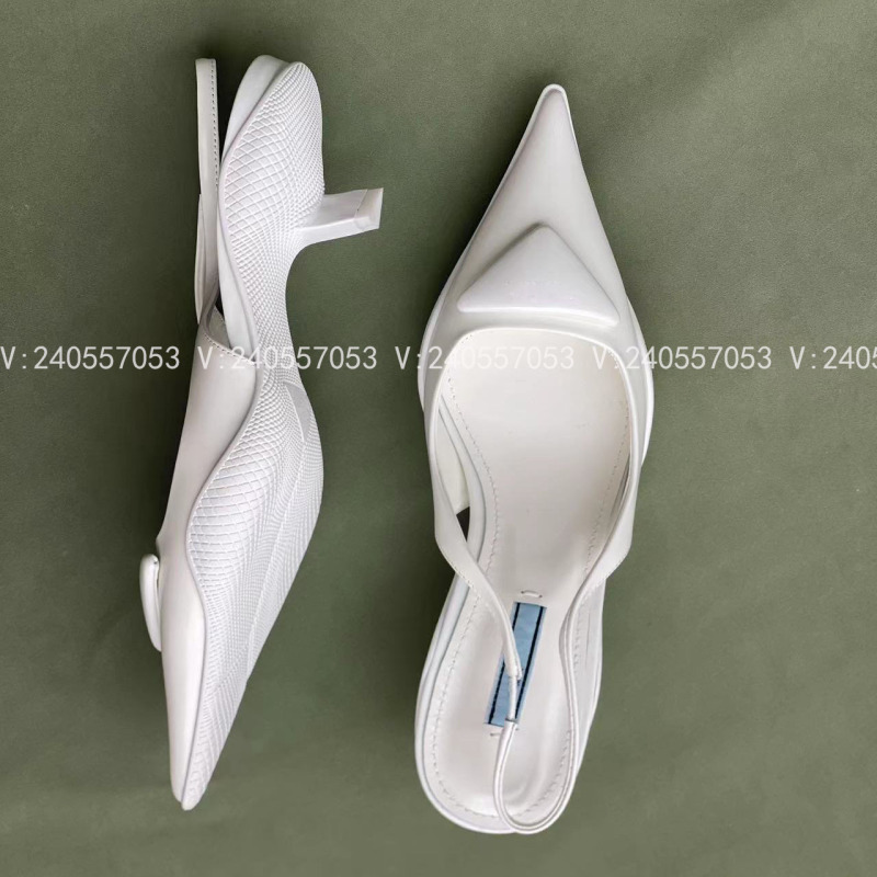 Elasto Rear Trip Triangle Logo Kitten Heel Sandals Women's Macaron Pointed-toe Single-layer Shoes Women's Rear Empty White Shoes