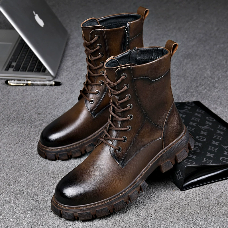 Высокие повседневные Ботинки Martin, модные кожаные ботинки из полированной кожи с круглым носком, модные Универсальные комбинезоны с молнией сбоку, мужские ботинки из воловьей кожи
