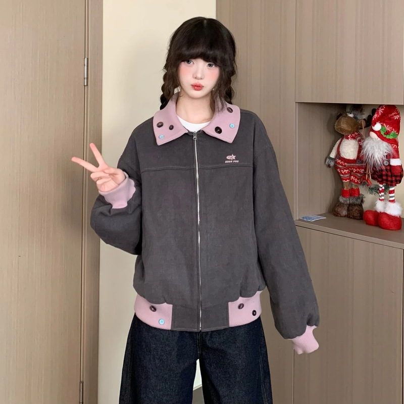 美式外套巴恩风高级翻领棒球服女牛仔春季新款学院风夹克休闲上衣|undefined