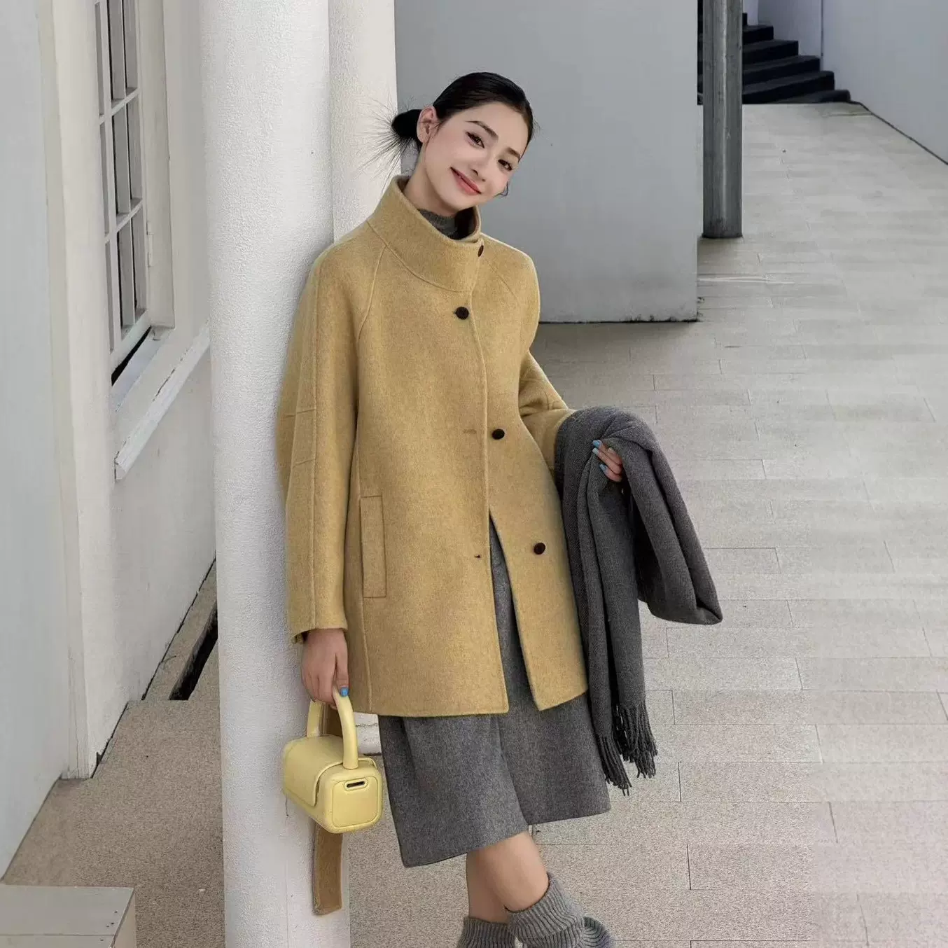 2025秋冬中长款双面羊毛毛呢外套女高档爆款加厚中长立领呢子大衣