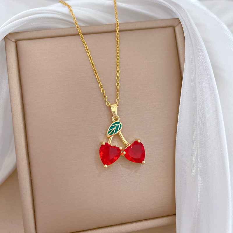 Elegant Red Cherry Necklace In Titanium Steel With Full Diamonds_voghion.com