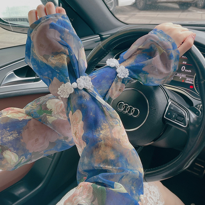 新中式果風扣夏季防曬袖套女油畫古風雪紡開車護臂寬鬆燈籠袖手袖