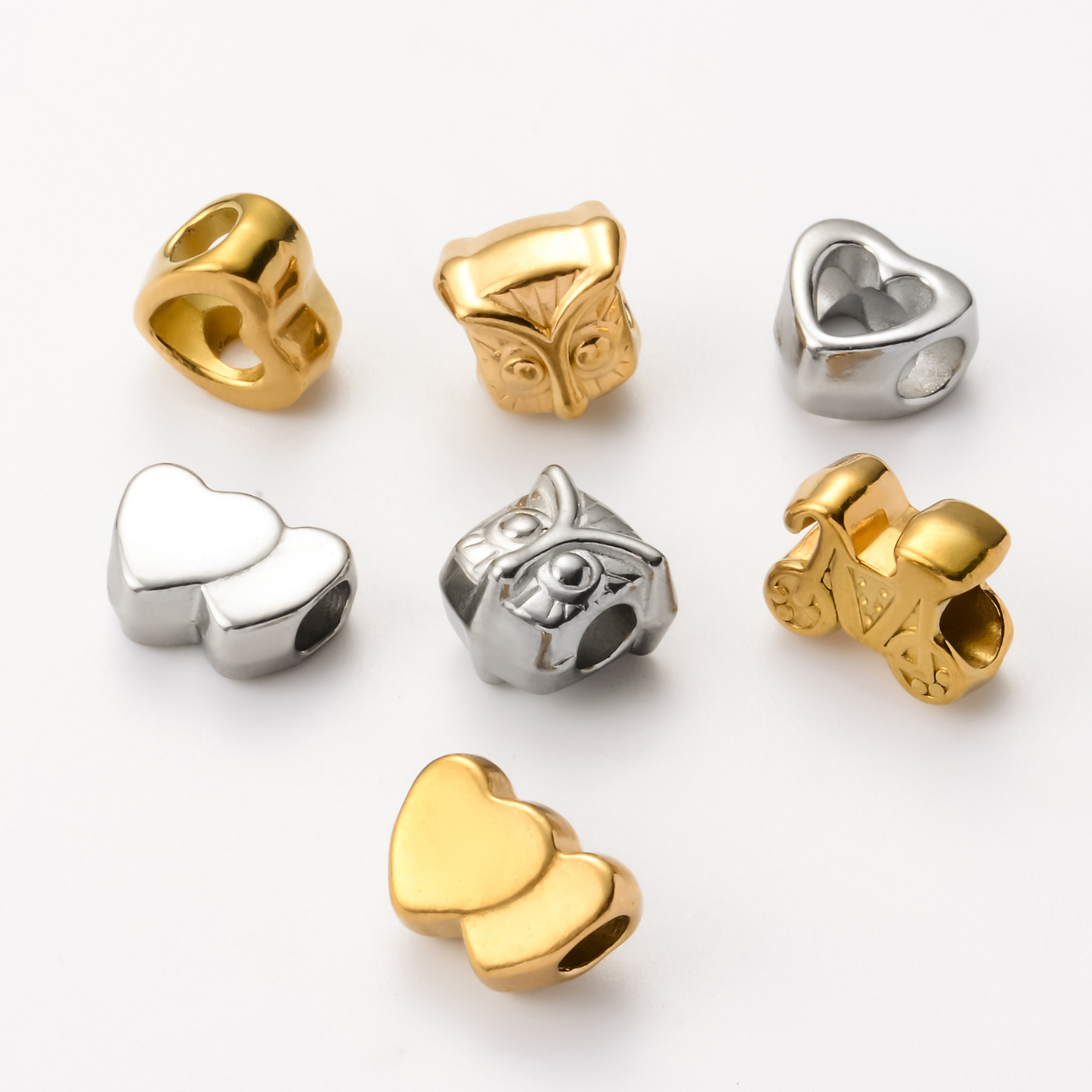 5 PCS/Package Quantity 304 Stainless Steel Material 5 PCS/Package 304 Stainless Steel Heart Shape Owl DIY Jewelry Accessories Beads
