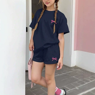 女童藏青粉蝴蝶结短袖短裤两件套 夏季简约休闲儿童运动套装