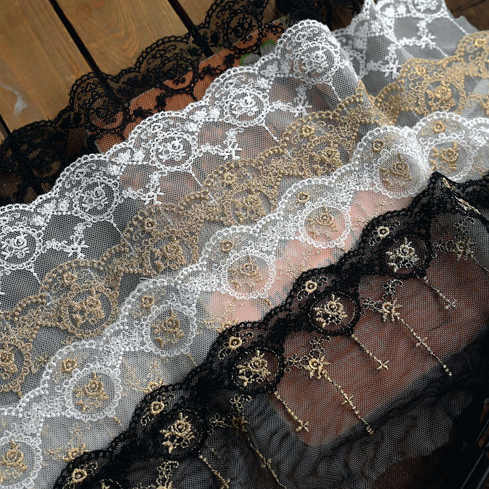 宽15cm黑白金线刺绣网纱蕾丝花边 DIY裙边娃衣服装布艺装饰材料