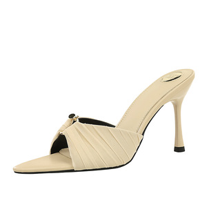 678-1 Korean version pleated lace slim heel high-heeled shoes with pointed and versatile straight strap sandals, exposed