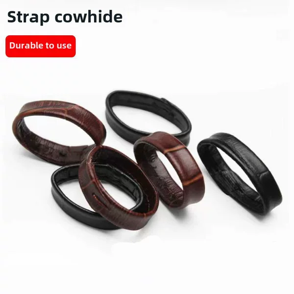 Bamboo Pattern Genuine Leather Strap with Crocodile Texture, Adjustable Leather Loop, Black and Brown Two-Tone Genuine Leather Strap, Fixed Ring Accessories