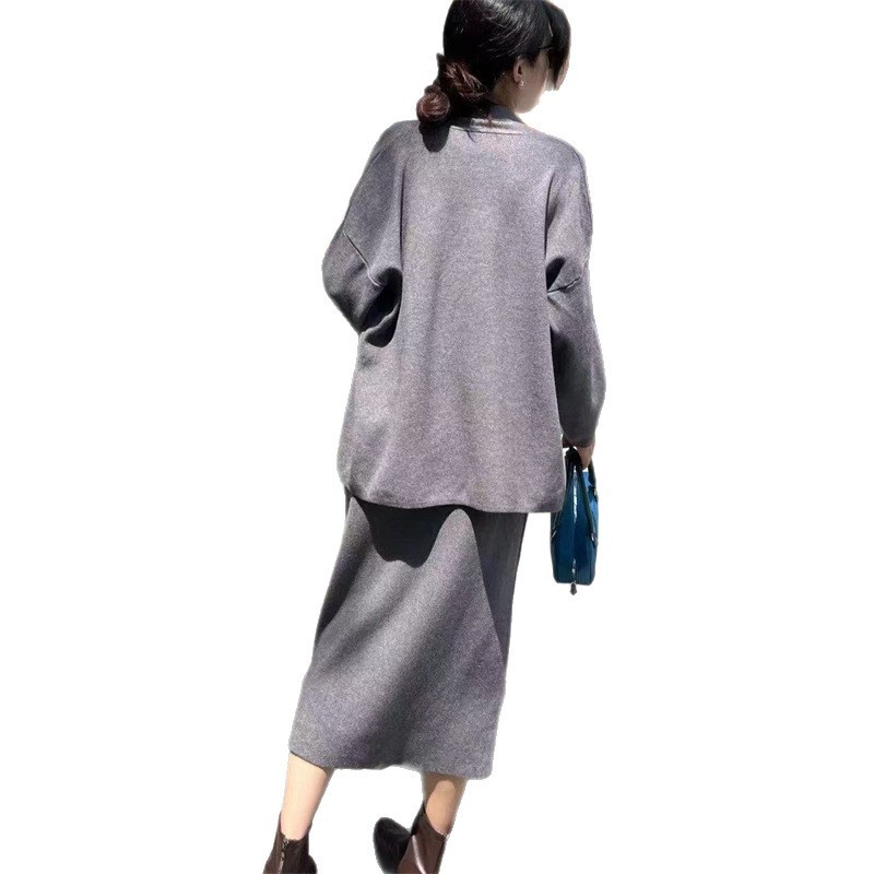 外贸秋冬款女士纯色修身毛衣开衫V领马甲套装针织半身裙三件套装|undefined