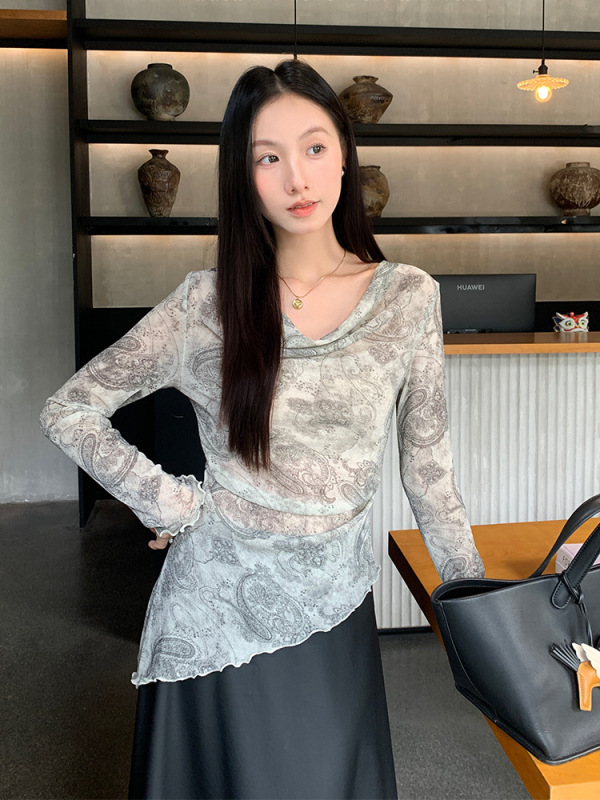 杭州漂依2025秋季新款别致晕染堆堆领木耳花边长袖T恤女精致上衣|undefined