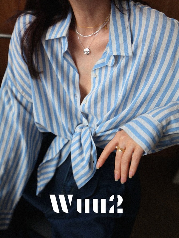 Wuu2 无尽之夏 软糯蓝色条纹棉麻衬衫女慵懒法式休闲宽松复古衬衣|undefined