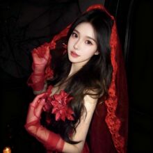 万圣节吸血鬼新娘红色蕾丝花边头纱哥特cos遮面盖头复古结婚头饰