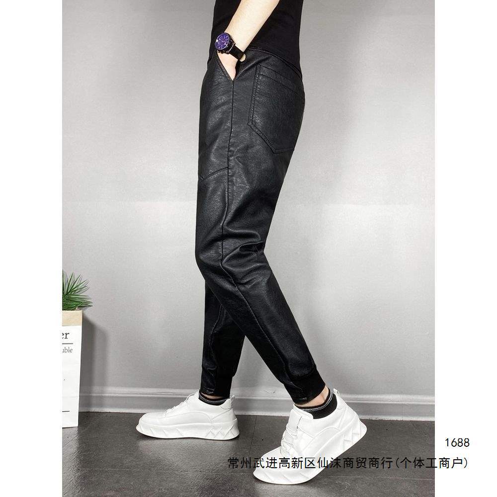 New winter men's fleece-lined, thickened casual stretch motorcycle leather pants, black warrior pants, windproof, waterproof, and warm long pants.