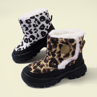Winter Black Leopard fleece-lined Children's Snow Boots Casual New Velcro Warm Thick Cold Sticky Sports Cotton Boots