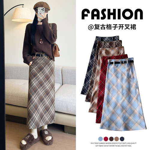 Woollen A-line maxi skirt, autumn-winter retro 2026 new style women's versatile high-waist slimming gingham semi-skirt