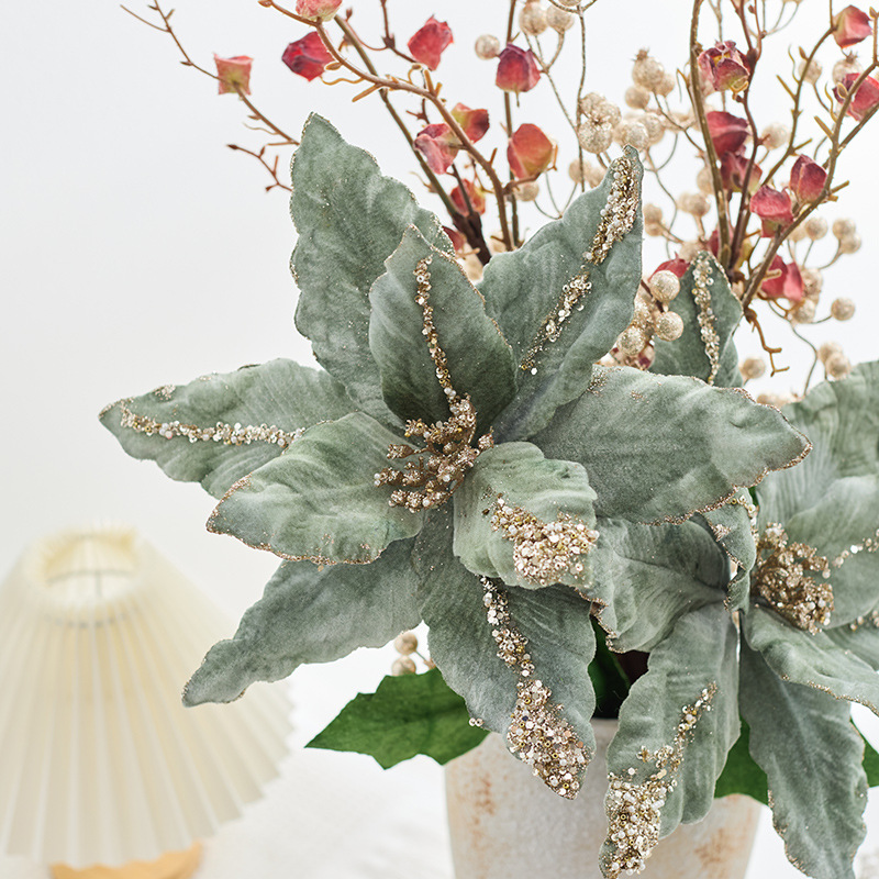 24 nuevas ventas transfronterizas de flores de Navidad verdes de alta calidad, flores de imitación de tamaño grande, accesorios de decoración de árbol de Navidad