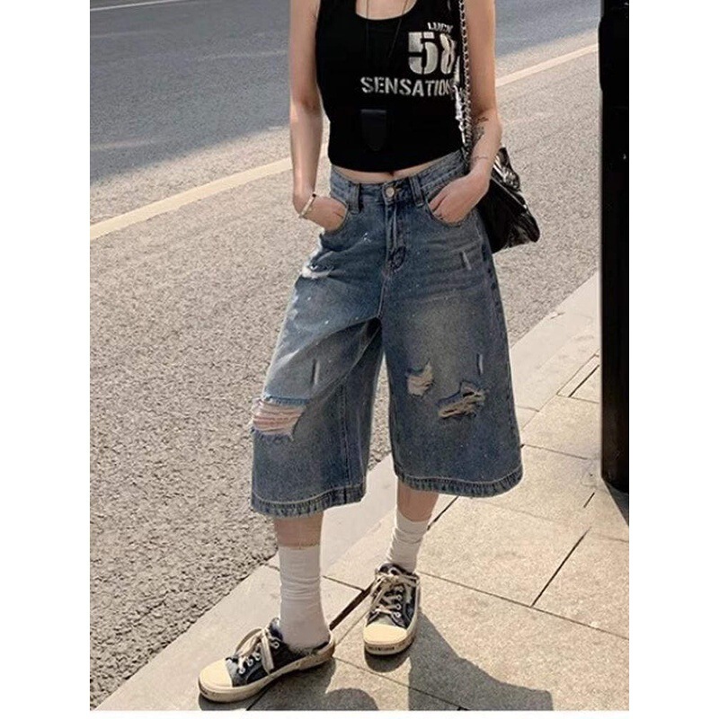 Summer New American Retro Washed Ripped Cropped Jeans for Women, Stylish Design for Petite and Plus-Size Figures, Trendy Denim Shorts