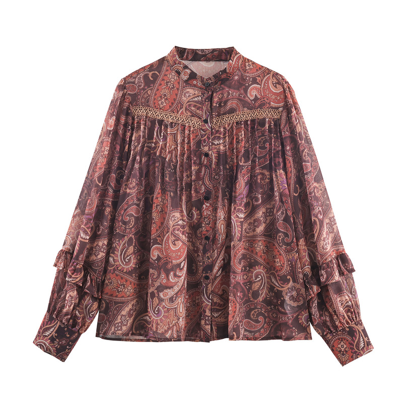 European and American Clothing Foreign Trade Manufacturers Bohemian Style Lace Splicing Loose and Elegant Chiffon Shirt