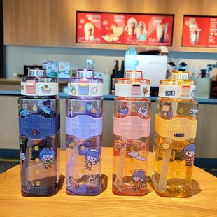 Square Large Capacity Straw Plastic Cup Bounce Cover with Scale Cute Water Cup Men's and Women's Fitness Portable Couple Water Cup