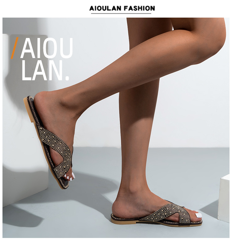 Fashion Ironing Diamond Flat Bottom Slippers Female Slides Square Head Hollow Sandals_voghion.com