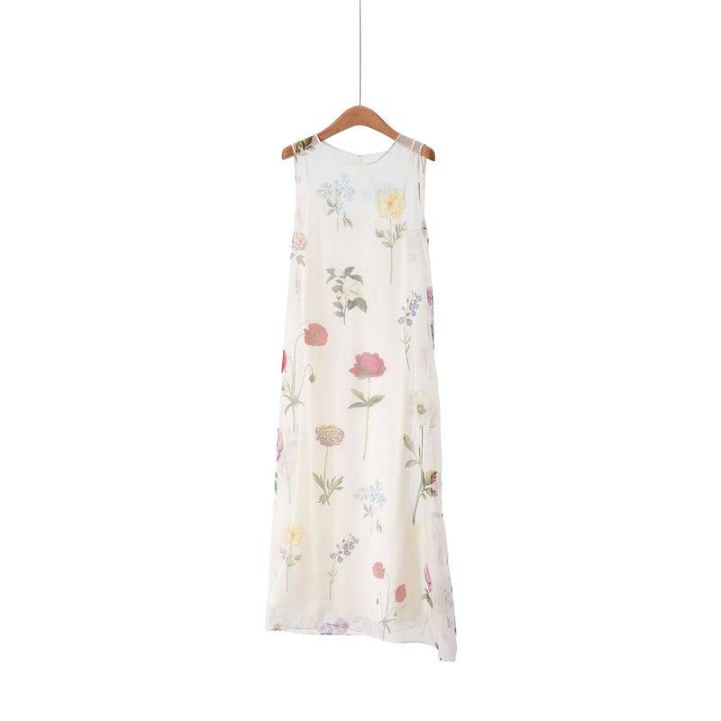 Zhi+Original Factory Material! g Series 1W+26 New Spring/Summer 100% Silk Organza Long Floral Gray Sleeveless Dress for Women Zhi+Original Factory Material! g Series 1W+26 New Spring/Summer 100% Silk Organza Long Floral Gray Sleeveless Dress for Women