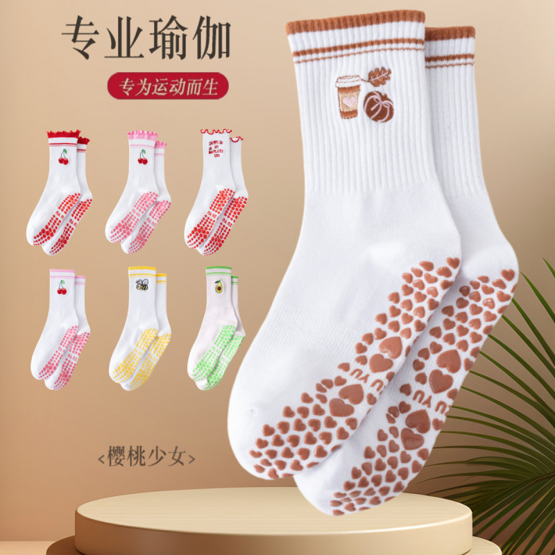 白色瑜伽袜子女成人专用普拉提健身跑步运动卡通樱桃中筒女袜批发|undefined