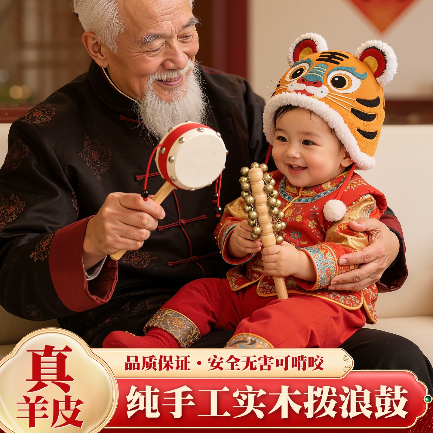 Traditional Sheepskin Rattle Stick, Old-Fashioned Handmade, Intangible Cultural Heritage, Suitable for Newborns and Infants to Chew On, Wooden Toy, Customizable