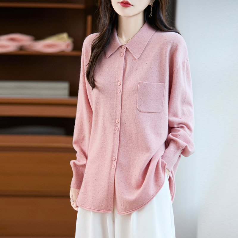 Fashionable Autumn and Winter New Wool Cardigan Women's Polo Collar Shirt Fresh and Sweet Outer Cardigan Wool Jacket Top