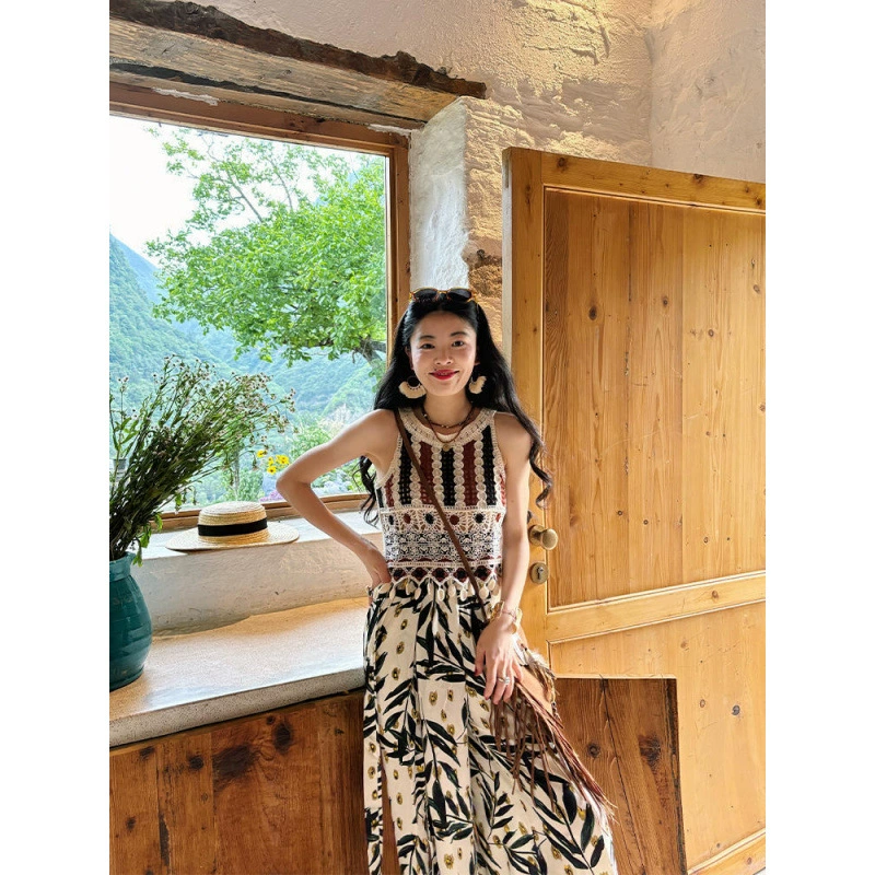 Богемный вязаный жилет с кисточками, женский универсальный жилет с круглым вырезом, верхняя одежда в стиле ретро, ​​этнический топ на подтяжках