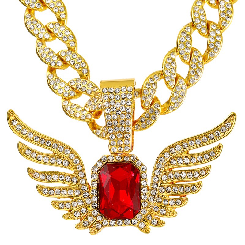 Europeo y americano hip hop completo diamante Ruby alas colgante collar de los hombres de personalidad transfronteriza alas de Ángel colgante fábrica al por mayor