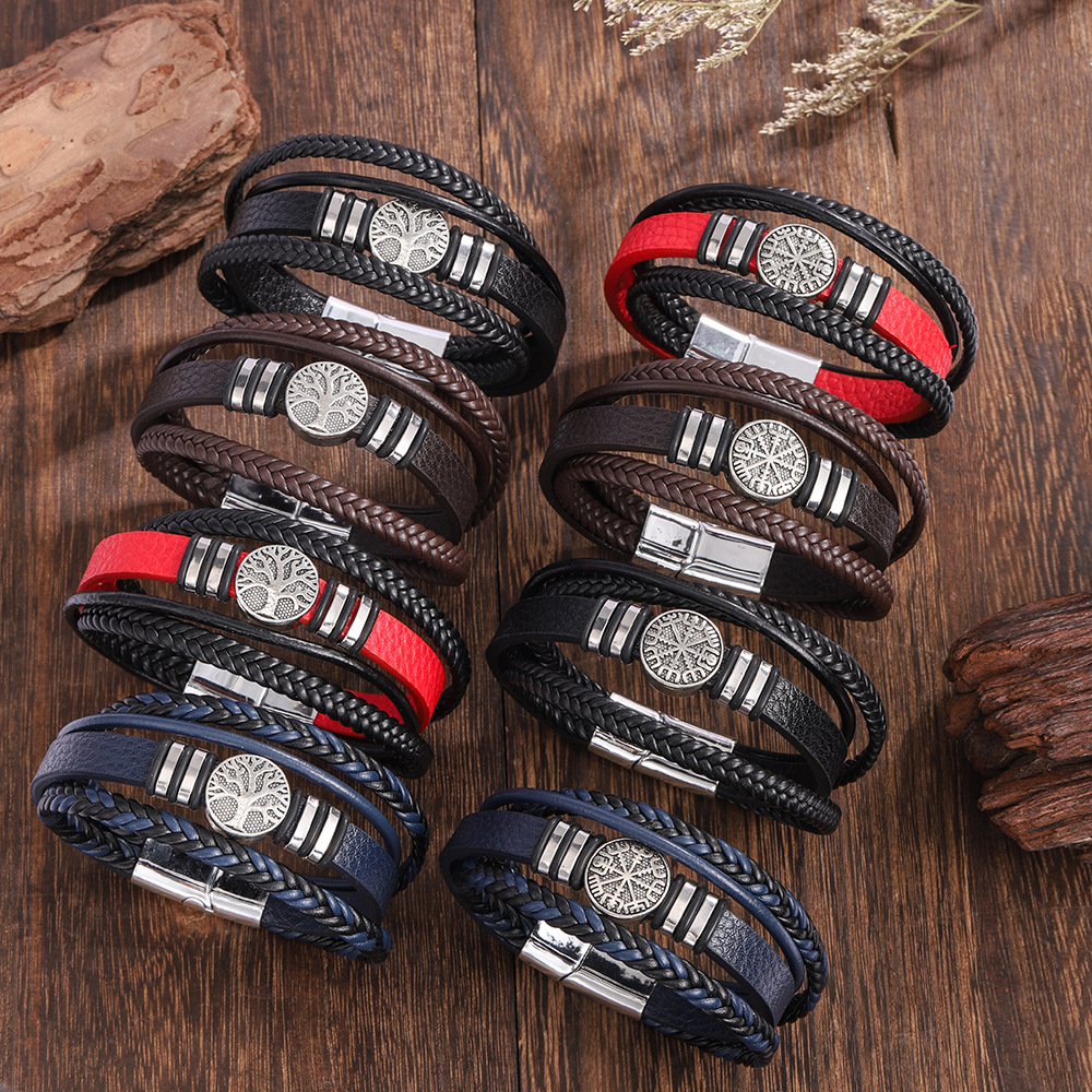 New Magnet Buckle Leather Bracelet Life Tree Alloy Accessories Hand-Woven Bracelet Men's Easiest for Match Bracelet