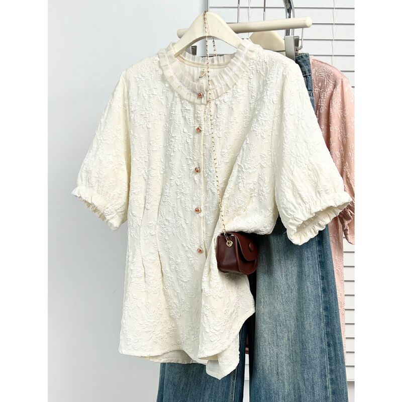 2026 Summer New Style Fashionable Lace Collar Jacquard Waist-Cinching Short-Sleeve Shirt for Plus-Size Women 9855