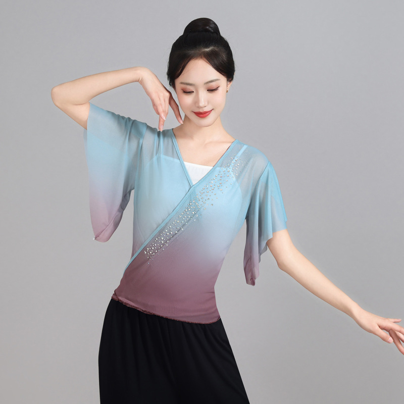 新しい古典舞踊グラデーション弾性メッシュ半袖トップ練習服ボディショートレースアップダンス服女性用|undefined
