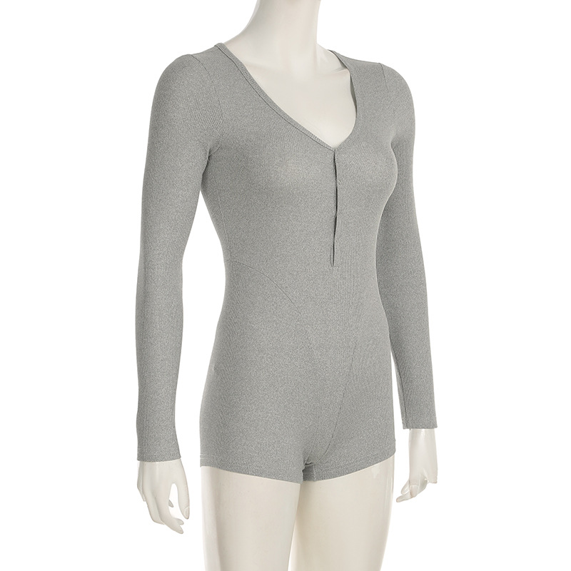 Autumn Winter Women Clothing Solid Color Buttons Deep V Plunge neck Sexy Sports Workout Long Sleeve Romper